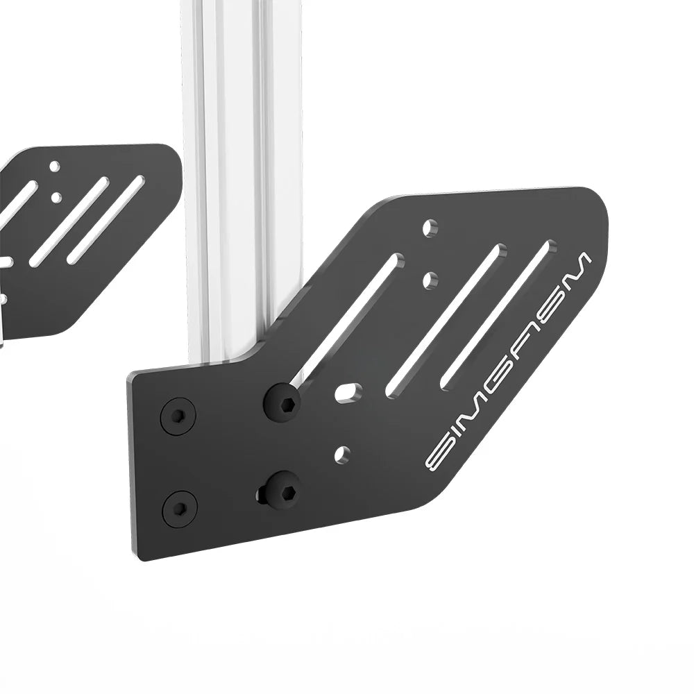 Close-up of the black side mounting plate attached to the white SIMGASM Core integrated double monitor stand upright