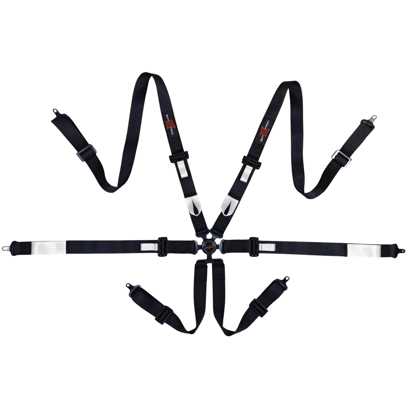 Dobbelt billede af SimXPro Seat Harness, en komfortabel og sikker sædesele til simracing, vises med justerbare stropper og polstring.