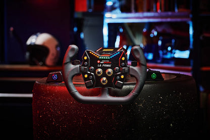 Asetek Racing åbent D sort rattet med sort blødt læder og perforeret læderhåndtag til simracing.
