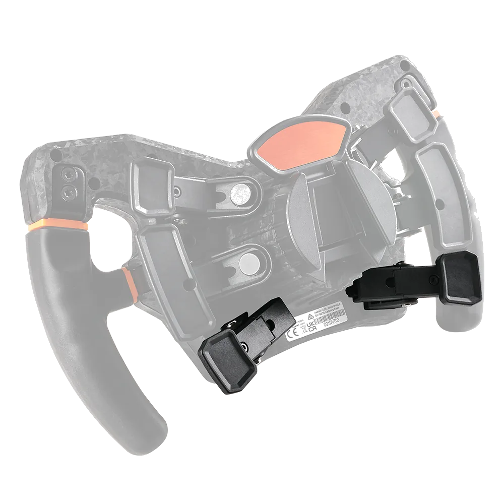 Asetek Racing simracer rat med koblingspedaler tilbehør, sort, metal, vises bagfra med fokus på paddles og ratets design