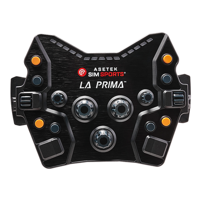 Asetek Racing La Prima knapboks frontvisning med knapper og betjening for racingspil, i sort design.