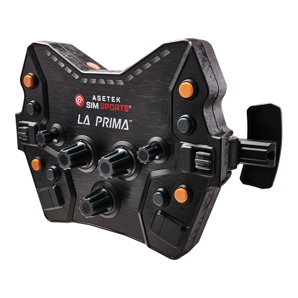 Asetek Racing La Prima knap-boks med flere knapper på en white-Black racing-setup, lavet af Asetek Racing.