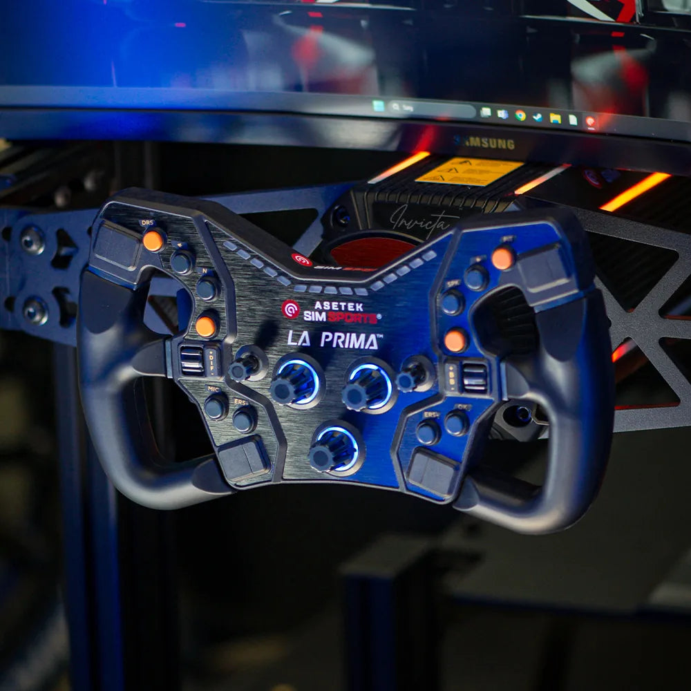 Asetek Racing LMP ratgreb til racercockpit, sort med gribefunktion og logo, til simulatorspil og racingoplevelser.