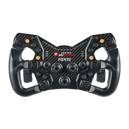 Asetek Racing LMP styrhåndtag med orange knapper, detaljeret frontvisning, til racerkoncept og simracing.