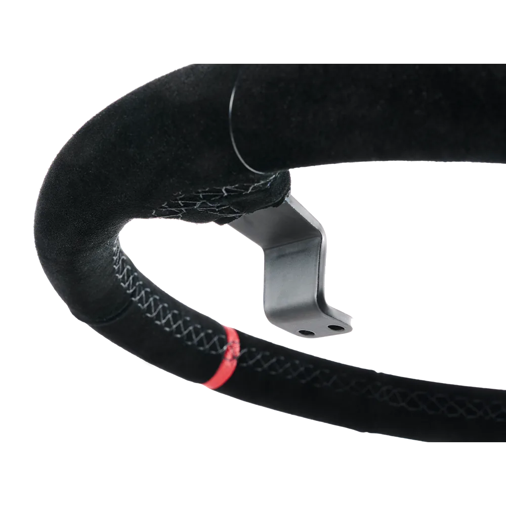 Asetek Racing rally-drift ratlerrundhjul med diskret suede-overflade og sporty design, close-up billede uden baggrund.
