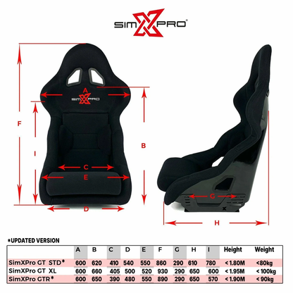 SimXPro GTR simraceræksæde i sort med polstret siddeflade og justerbare armlæn, designet til racing-simulation.