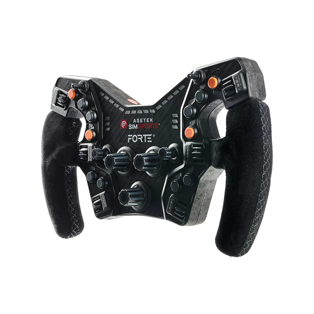 Asetek Racing Formel ratgreb i ruskind med orange knapper, vinklet design uden baggrund, til racing simulatorer