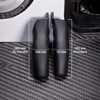 Asetek Racing XL gearknapper med ergonomisk design til racerkørestyring, vist med mål og detaljer.