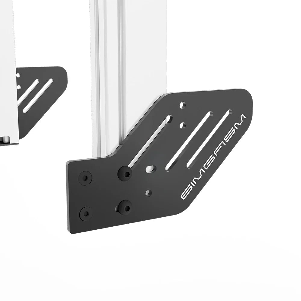 Close-up of the black side mounting plate attached to the white SIMGASM Apex integrated double monitor stand upright
