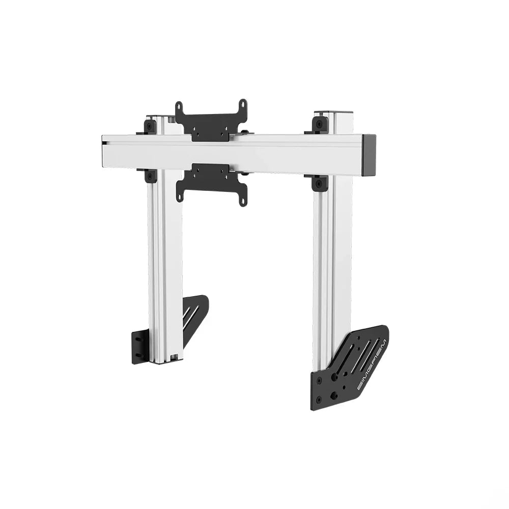 Left three-quarter product view of the white SIMGASM Apex integrated single monitor stand with its VESA brackets