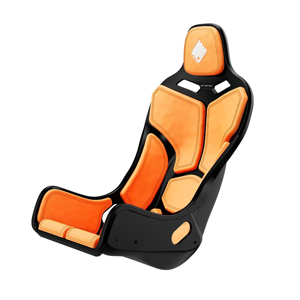 Black-shell SIMGASM Atlas Formula seat fitted with orange cushions in a front three-quarter view