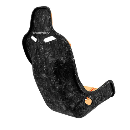 Rear three-quarter view showing orange side trim on the SIMGASM Atlas Formula seat with a Forged Carbon Look shell