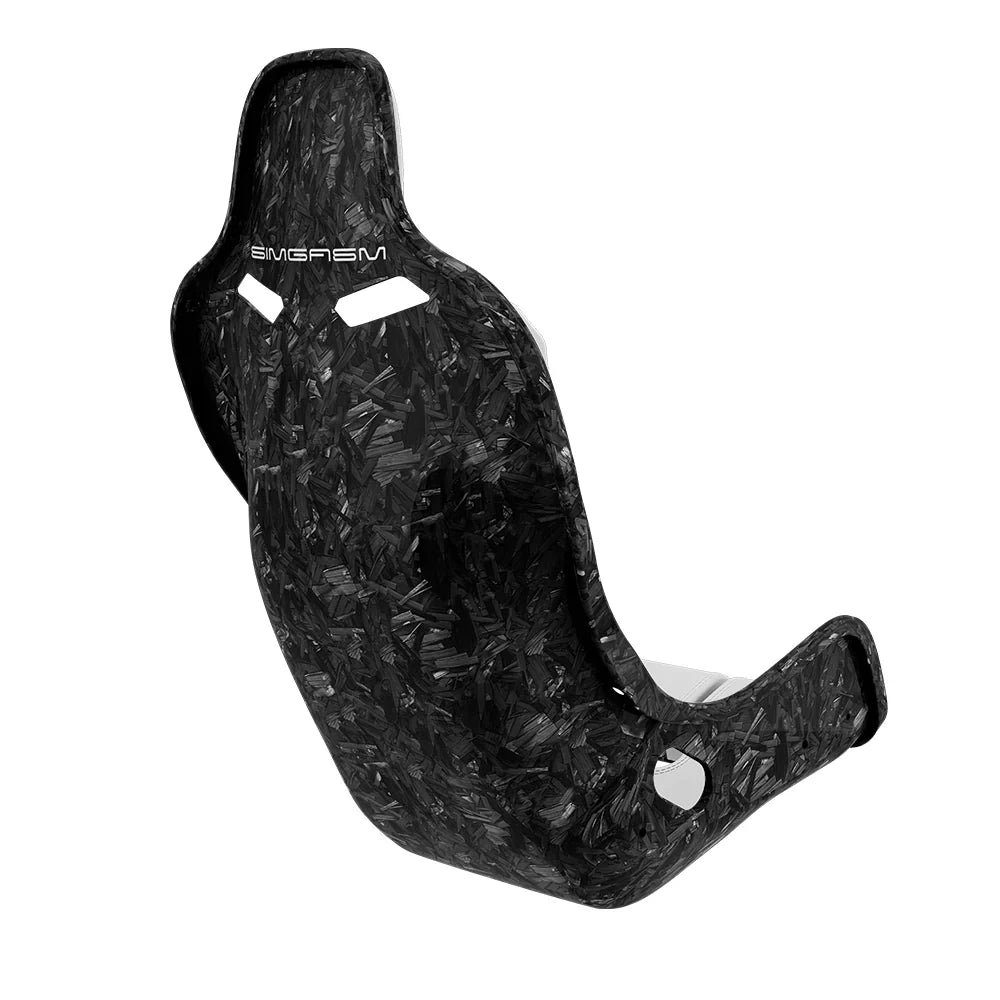 Rear three-quarter view showing white side trim on the SIMGASM Atlas Formula seat with a Forged Carbon Look shell