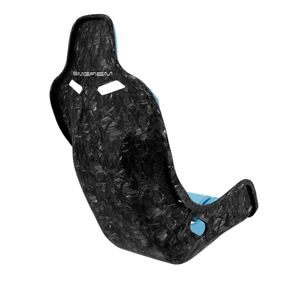 Rear three-quarter view showing blue side trim on the SIMGASM Atlas Formula seat with a Forged Carbon Look shell