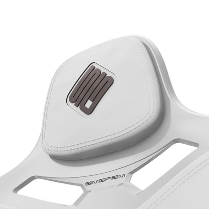 Close-up of the white headrest cushion on the white-shell SIMGASM Atlas Formula seat