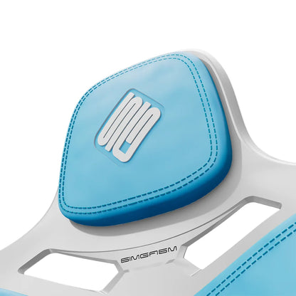 Close-up of the blue headrest cushion on the white-shell SIMGASM Atlas Formula seat