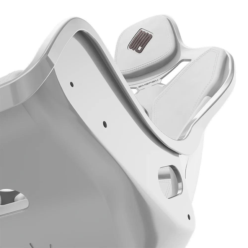 Close-up of the white cushions and side opening on the white-shell SIMGASM Atlas Formula seat