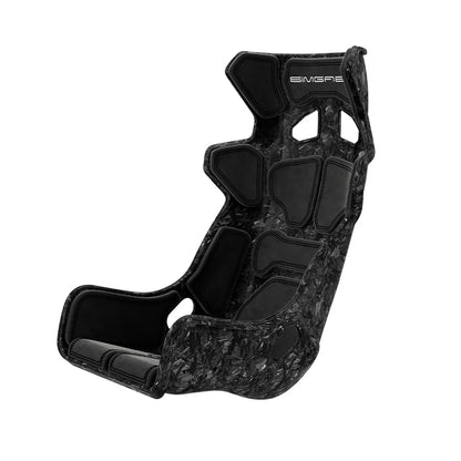 SIMGASM Atlas GT seat with a Forged Carbon Look shell fitted with black cushions in a front three-quarter view