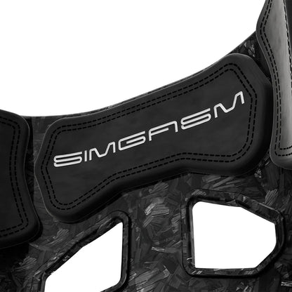 Close-up of the black upper backrest cushion on the SIMGASM Atlas GT seat with a Forged Carbon Look shell
