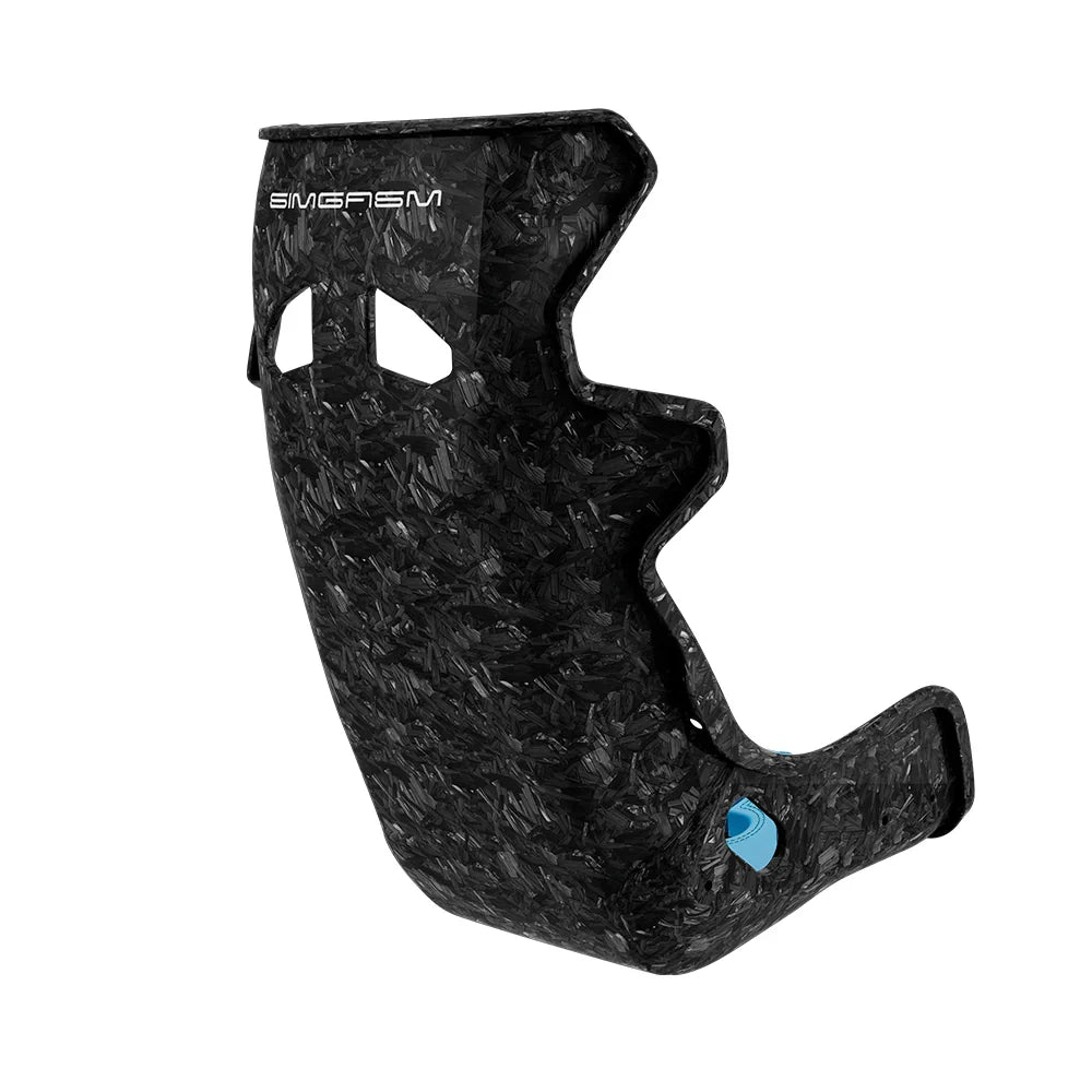 Rear three-quarter view showing blue side trim on the SIMGASM Atlas GT seat with a Forged Carbon Look shell