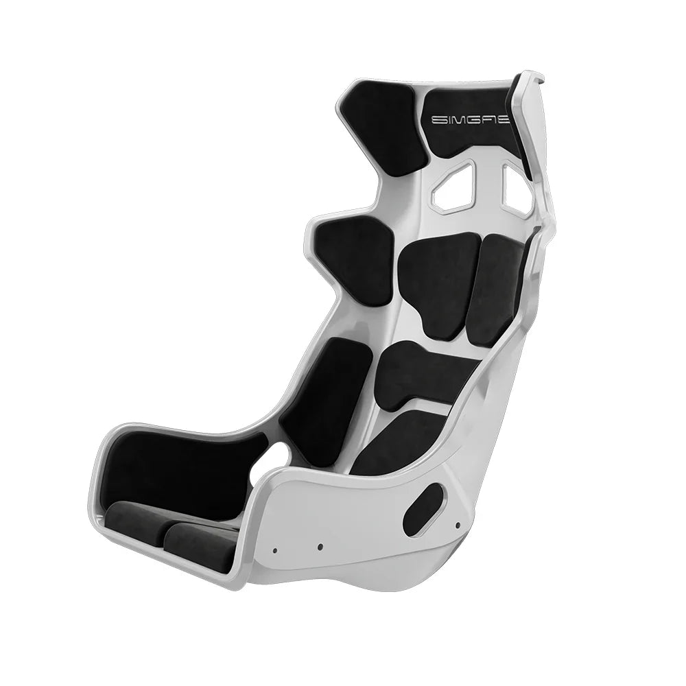 White-shell SIMGASM Atlas GT seat fitted with black cushions in a front three-quarter view