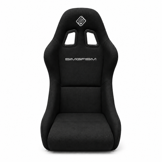 Front view of the black SIMGASM Core bucket seat with fitted back and base cushions