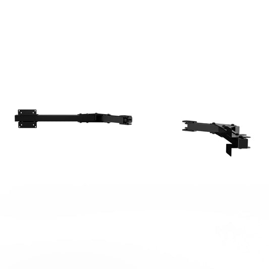 Angled view of the black SIMGASM Core monitor side-arm pair with VESA 75/100 plates