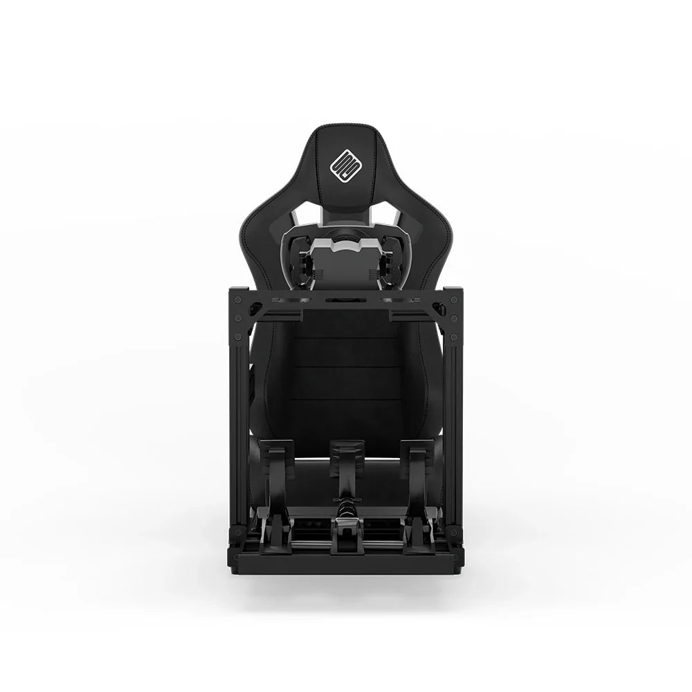 SIMGASM Hobby cockpit i sort med Core Recline-sæde og MOZA-udstyr, set forfra