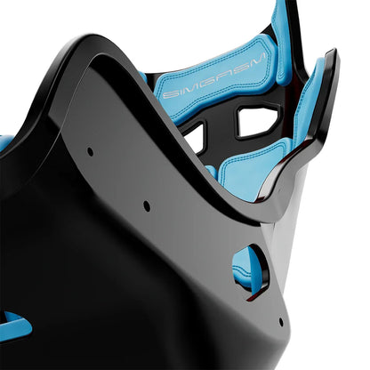 Close-up of the blue cushions and side shell on the black-shell SIMGASM Atlas GT seat