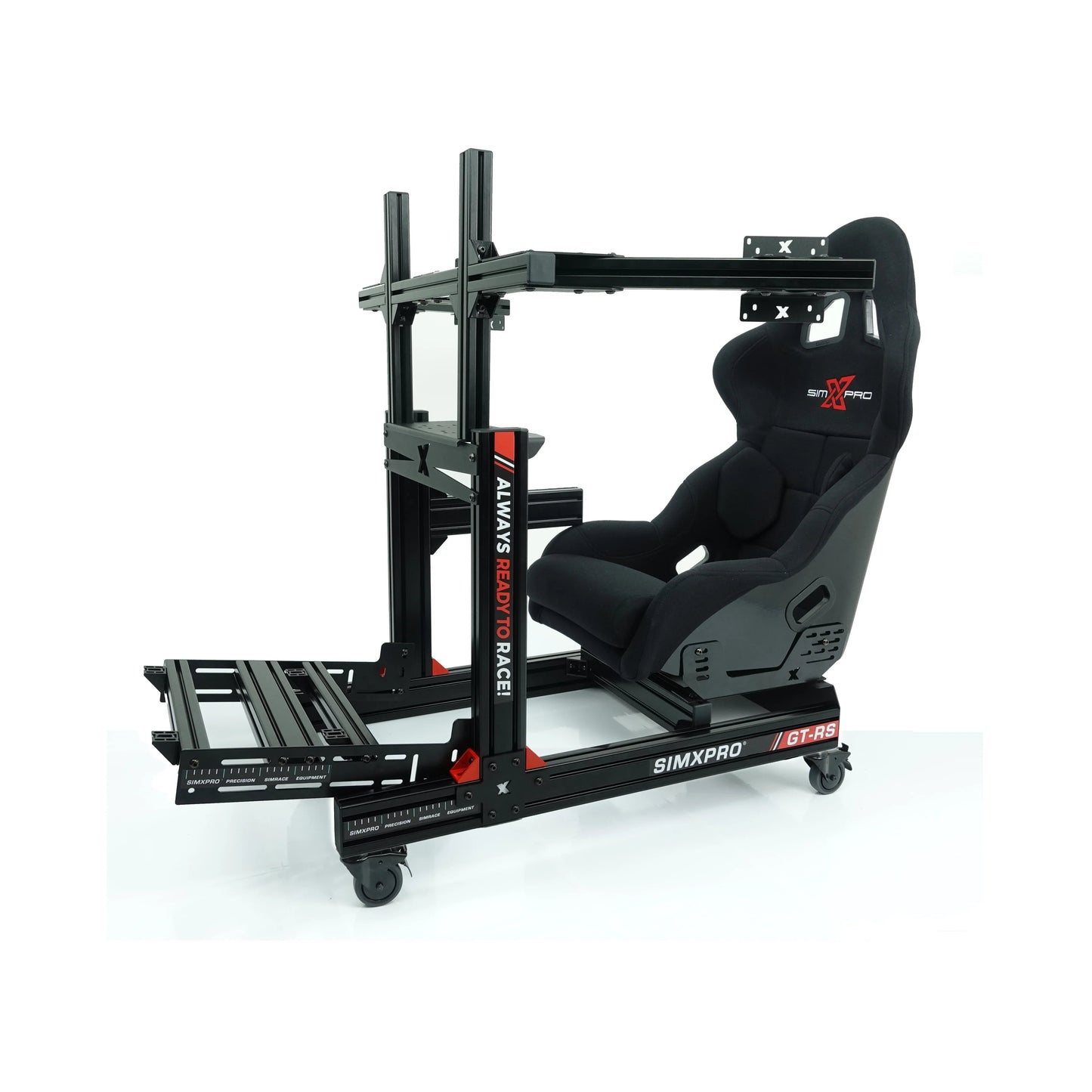 SimXPro GT - RS simracer cockpit med tre hjul, sort design, ergonomisk udformning til realistisk racingoplevelse